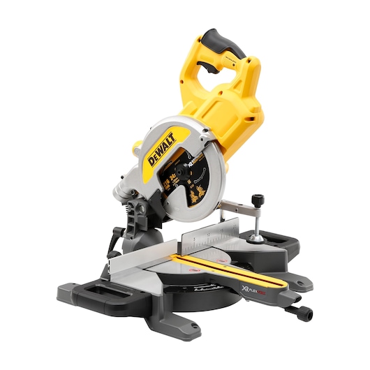 Cordless DEWALT miter saw with a yellow and black design, featuring a large circular blade, a handle, and a measurement guide for precise cutting.