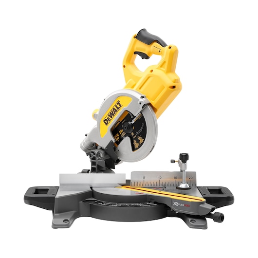 A DEWALT cordless miter saw with a yellow and black design, featuring a circular blade and adjustable base for precision cutting.