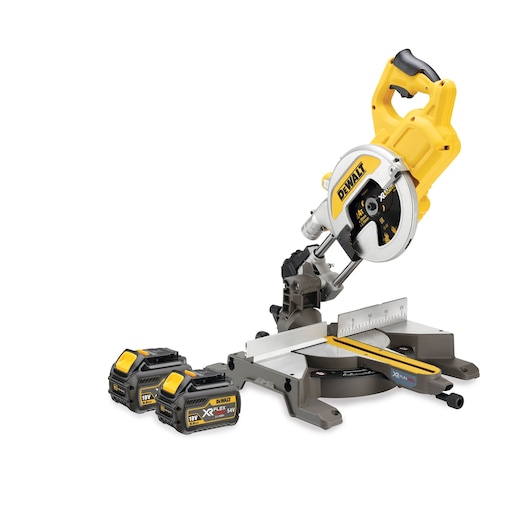 A DEWALT cordless mitre saw with a yellow and silver design, shown with two 18V XR FLEXVOLT lithium-ion batteries placed beside it.