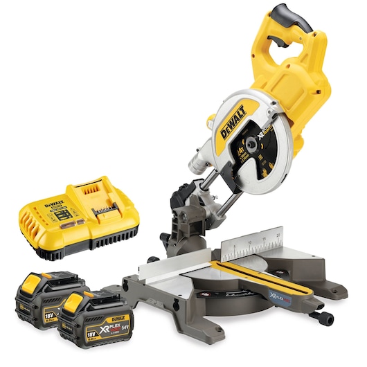 A DEWALT cordless sliding mitre saw set including the saw, two 18V XR FLEXVOLT lithium-ion batteries, and a yellow battery charger.