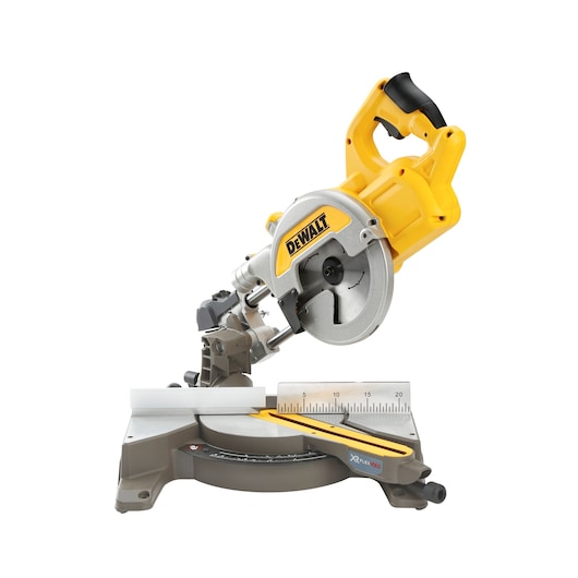 A DEWALT cordless miter saw with a yellow and silver body, adjustable cutting angles, and a built-in ruler, shown against a white background.