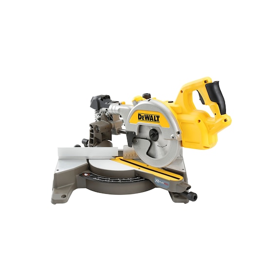 A DEWALT branded miter saw with a yellow and silver design, positioned on a white background. The saw features a large circular blade, ergonomic handle, and adjustable base for precise cutting.