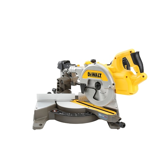 A DEWALT cordless mitre saw with a yellow and black body, suitable for precise cutting tasks in woodworking and construction.