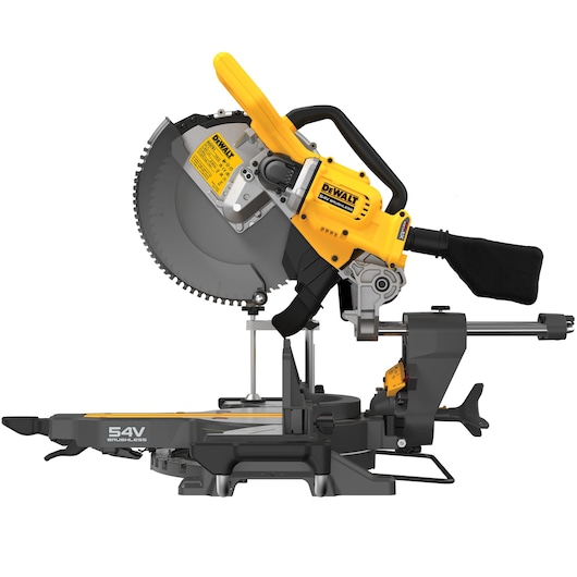 DEWALT cordless brushless mitre saw DCS781N with yellow and black design, side profile view.