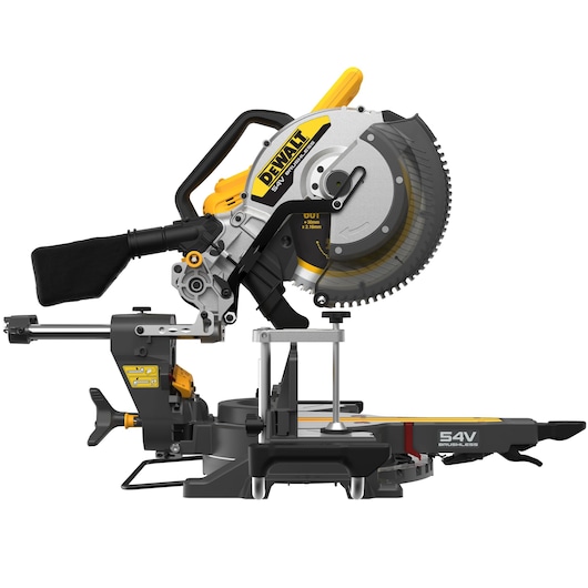 DEWALT 54V cordless mitre saw with sliding arm and dust bag, shown on a white background.