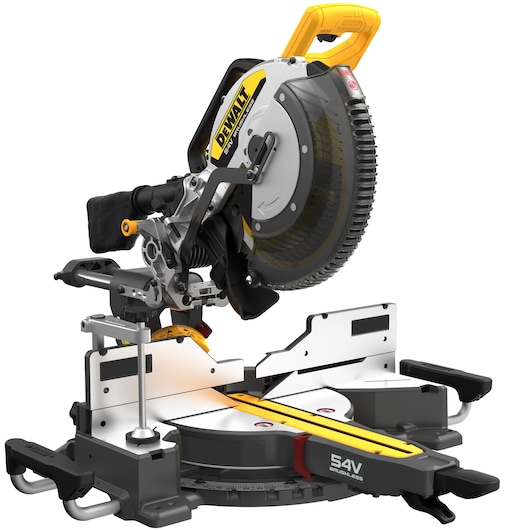 DEWALT DCS781N cordless mitre saw with 54V brushless motor, shown with yellow and black accents.