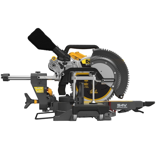 DEWALT DCS781N 54V brushless mitre saw for woodworking and precise cuts, shown from the side.