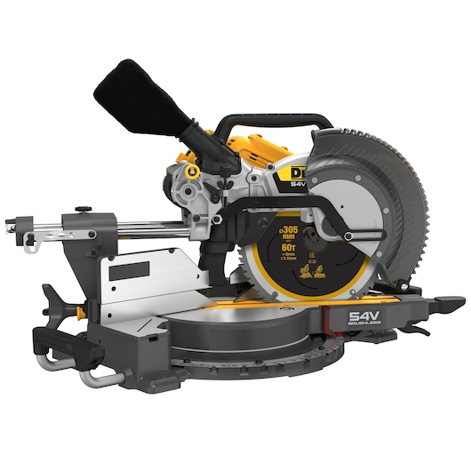 DEWALT DCS781N 54V cordless mitre saw with a black and yellow design, suitable for precise woodworking cuts.