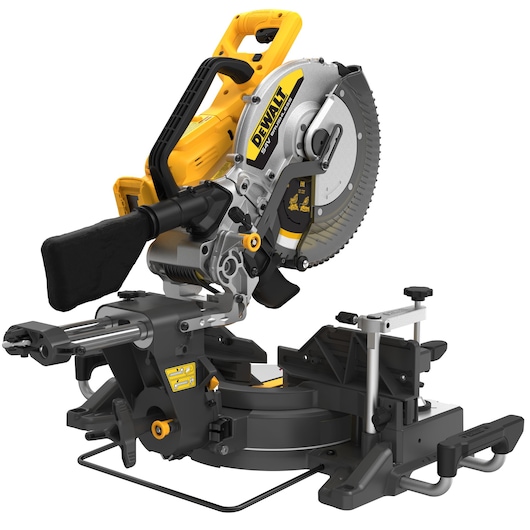 DEWALT DCS781N sliding compound miter saw with yellow and black design, used for woodworking and precise cutting.
