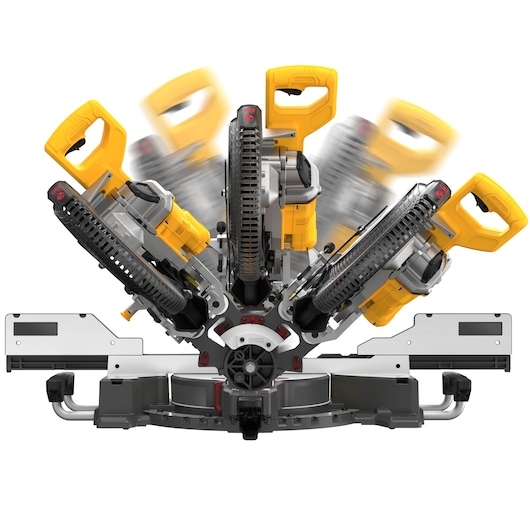 DEWALT miter saw shown rotating at multiple angles, featuring yellow handles and a robust base.