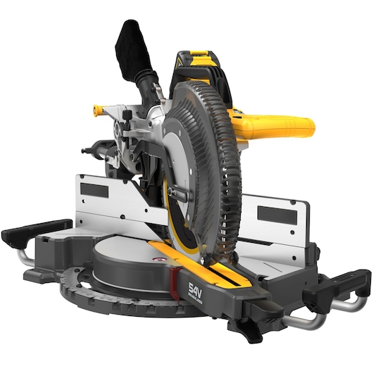 DEWALT DCS781X2-QW, DCS781X2 miter saw for precise cuts. Photography category. Cordless 54V power tool.