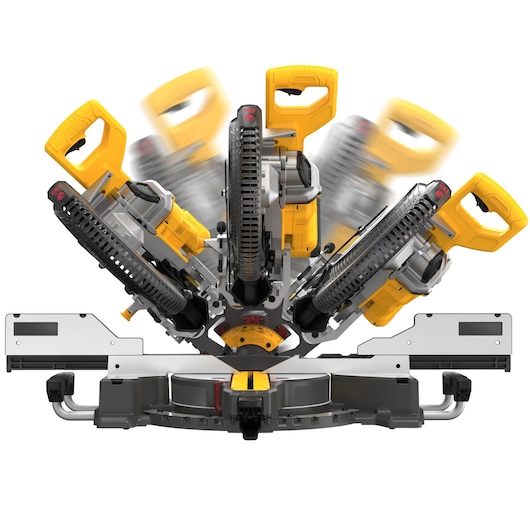 DEWALT miter saw in motion, shown with SKUs DCS781X2-QW, DCS781X2, photography product category.