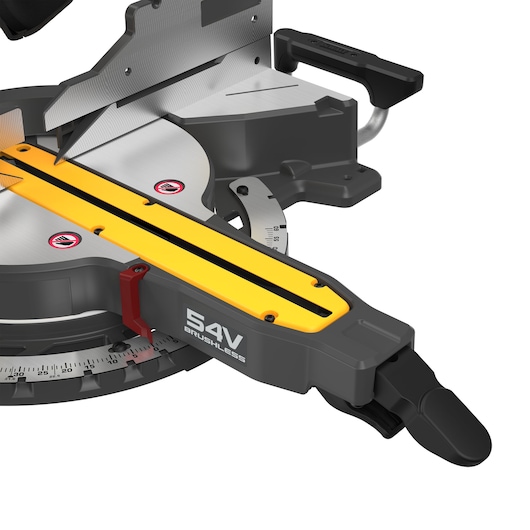 DEWALT 54V saw, SKU DCS781X2-QW and DCS781X2, close-up of base, handle, and measuring scale.