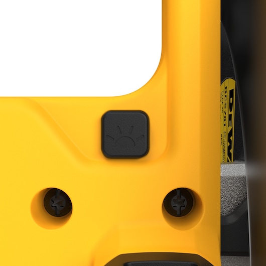 DEWALT DCS781X2-QW, DCS781X2 close-up yellow tool section with a button and partial label visible.