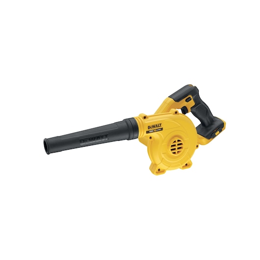 DEWALT photography product, DCV100 and DCZ1201P3-XE SKUs, shown as a compact yellow blower tool.