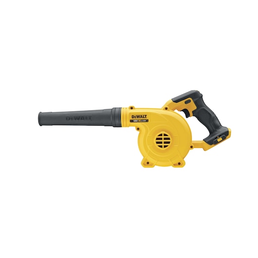 DEWALT photography products DCV100 and DCZ1201P3-XE, yellow portable blower shown.