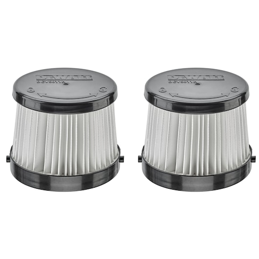 Two DEWALT cylindrical replacement filters with black plastic tops and bottoms and white pleated filter material, shown side by side on a white background.