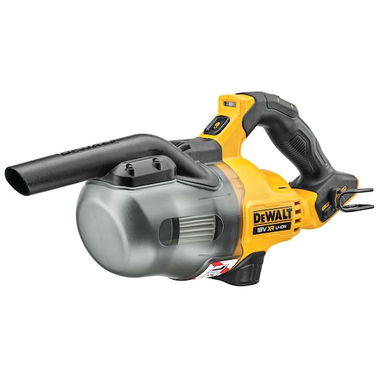 A DEWALT 18V XR Li-Ion cordless handheld vacuum cleaner with a black and yellow body, ergonomic handle, and a transparent dust container.