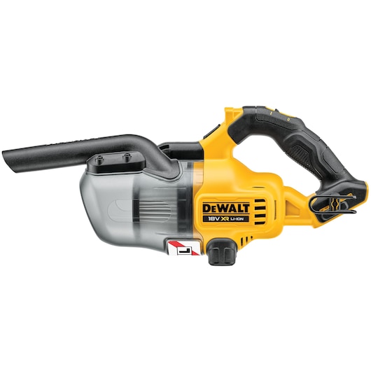 A DEWALT 18V XR Li-Ion handheld vacuum cleaner with a black and yellow design, featuring a transparent dust container and ergonomic handle.