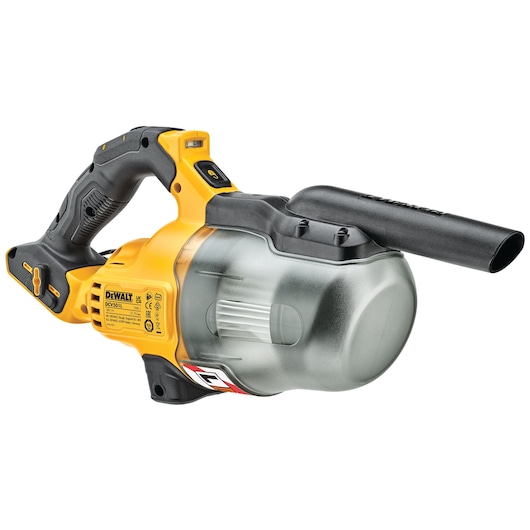 A DEWALT DCV501LN cordless handheld vacuum cleaner with a black and yellow design, transparent dust container, and ergonomic grip, shown on a white background.