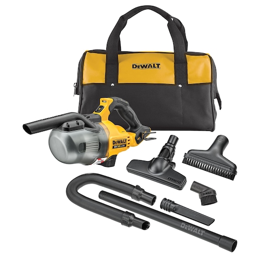 DEWALT handheld cordless vacuum cleaner kit including a yellow and black vacuum unit, several attachments (nozzle, brush, hose, extension tubes), and a black and yellow DEWALT carrying bag displayed on a white background.