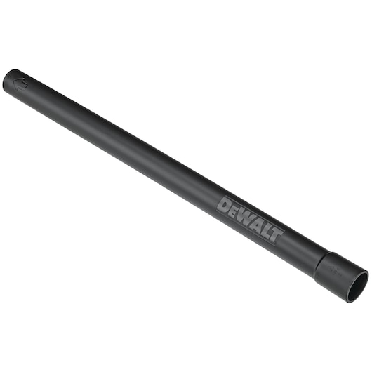 Black DEWALT extension tube for vacuum, cylindrical with logo, used for cleaning tool attachments.