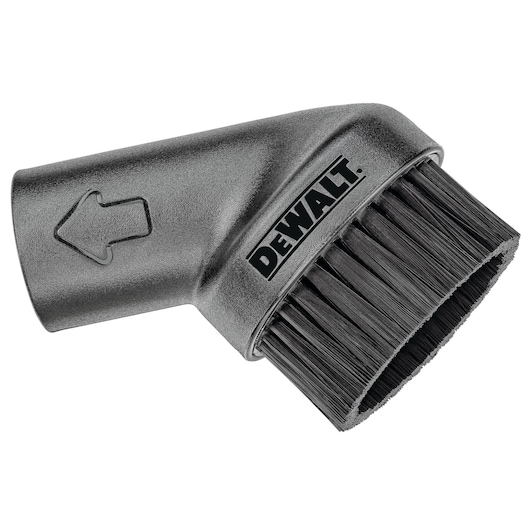 DEWALT vacuum brush attachment, angled, black plastic, with bristles and arrow symbol.