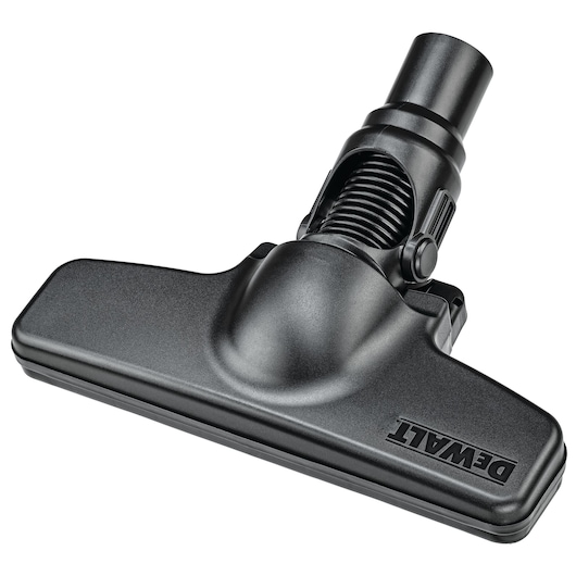 DEWALT vacuum cleaner floor nozzle attachment, black, with swivel joint, shown on a white background.