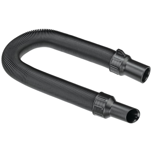 Black flexible vacuum hose with ribbed texture and connectors on both ends, shown in curved shape.