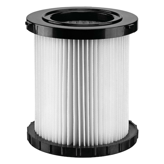 A cylindrical pleated vacuum filter with black plastic ends, designed for use with DEWALT wet/dry vacuums.