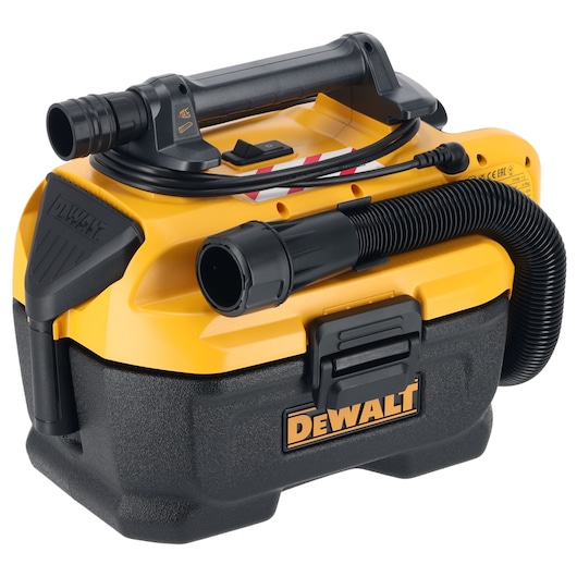 A DEWALT portable wet and dry vacuum cleaner with a yellow and black design, featuring a flexible hose and sturdy handle.