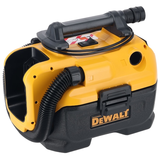 DEWALT portable wet/dry vacuum with handle and hose, yellow and black, model DCV584L.
