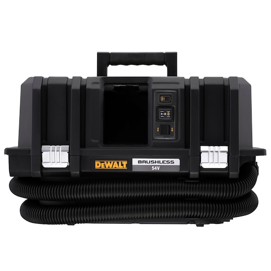 DEWALT 54V brushless portable vacuum with handle, controls, and coiled hose, black and yellow design.