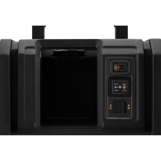 Close-up of DEWALT DCV586MN control panel, showing buttons and dial on a black device.