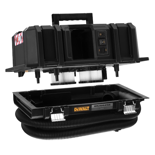 DEWALT DCV586MN cordless dust extractor with open case, visible filters, hose, and handle.