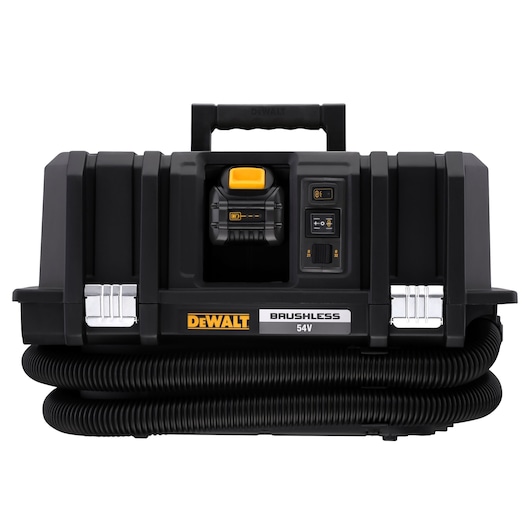 DEWALT 54V brushless portable vacuum with hose, handle, and control panel in black and yellow.