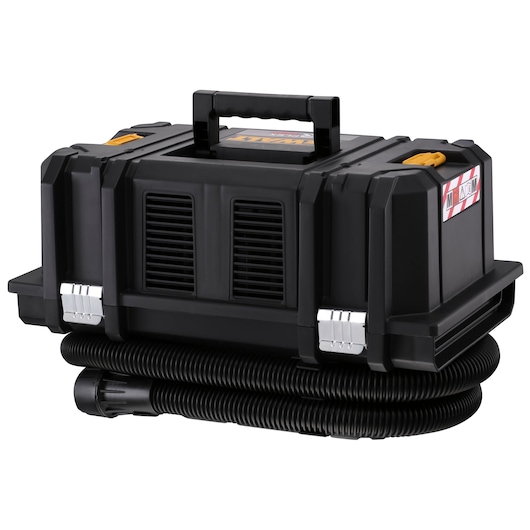 DEWALT portable black vacuum with handle and hose wrapped around the base, box-shaped for jobsite use.