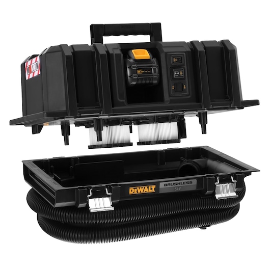 DEWALT DCV586MT2 54V cordless brushless vacuum with detachable parts and hose, shown open.