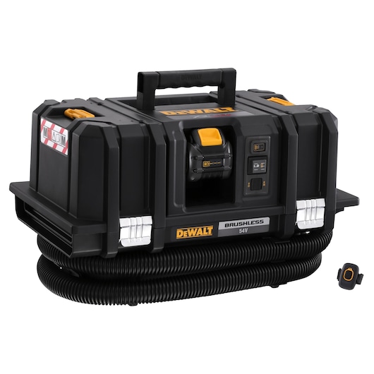 DEWALT brushless 54V portable vacuum with hose and handle, suitable for jobsite dust extraction.