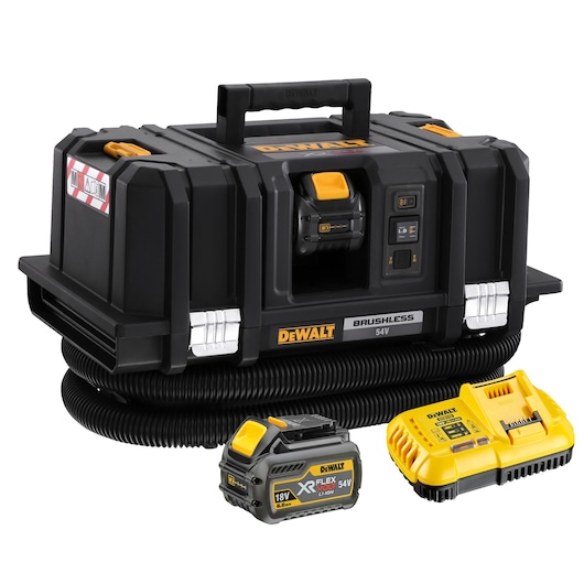 DEWALT 54V brushless cordless vacuum with battery and charger, black and yellow, suitable for professional use.