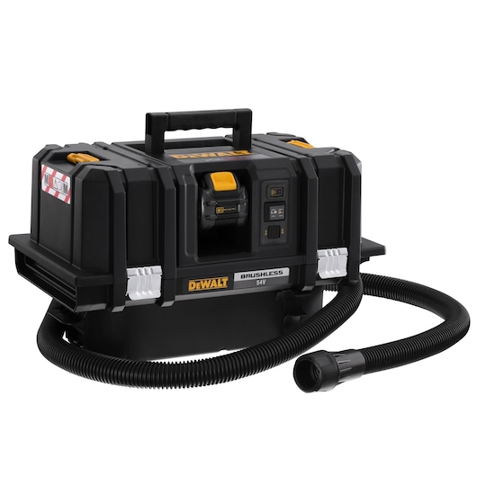 DEWALT 54V brushless portable vacuum cleaner with hose and handle, black and yellow design.