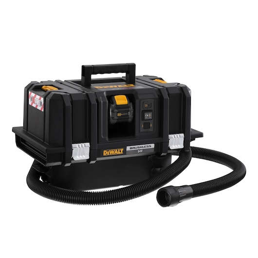 DEWALT 54V brushless portable vacuum cleaner with hose and handle, black and yellow compact design.