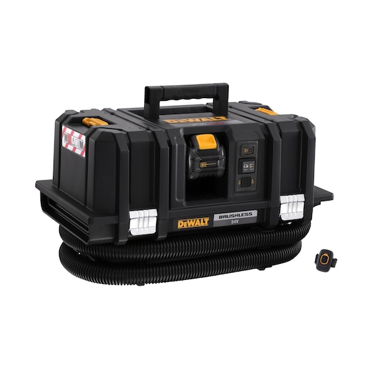 DEWALT 54V cordless brushless vacuum with hose and handle, model DCV586MT2, shown on a white background.