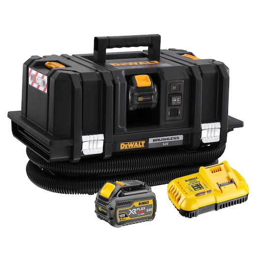 DEWALT 54V brushless dust extractor with battery and charger shown together.