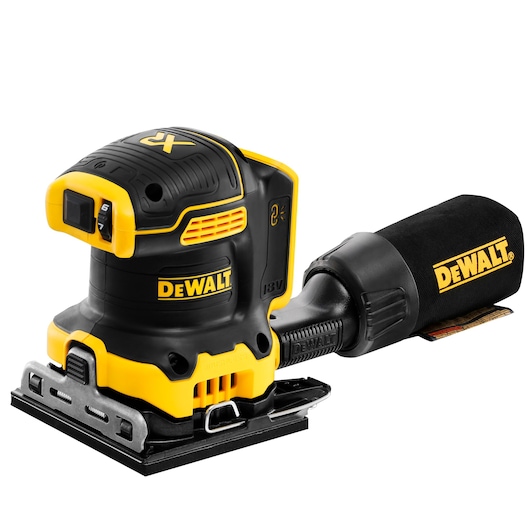 DEWALT 18V cordless sander with dust bag, black and yellow, brushless, for surface finishing.