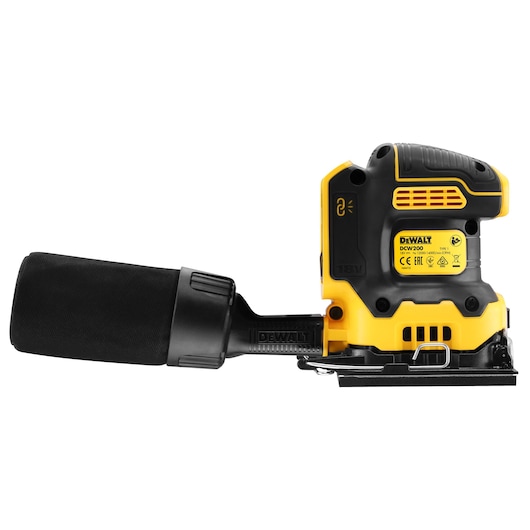 DEWALT DCW200NT cordless sander with dust bag, yellow and black, side view on white background.
