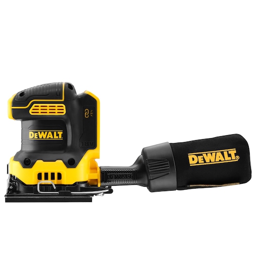 DEWALT 18V cordless sander with dust bag, black and yellow, side view on white background.