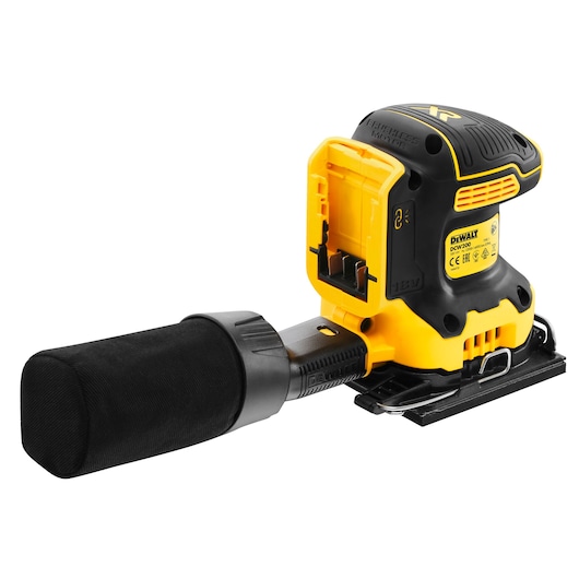 DEWALT DCW200NT cordless sander with dust bag and battery slot, shown in yellow and black.
