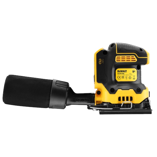 DEWALT DCW200NT cordless sander in yellow and black with dust bag, shown from the side on a white background.