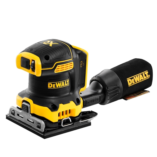 DEWALT cordless sander in black and yellow with dust bag, model DCW200NT, shown against a white background.